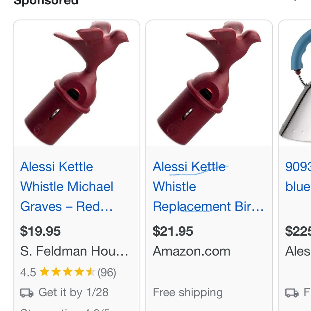 Alessi Whistling Bird Tea Kettle with Blue Handle and Red Bird - Vintage, Retro - Picture 12 of 12